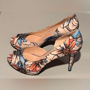 Nine West Floral Peep-Toe Heels in Blue, Coral, and Cream